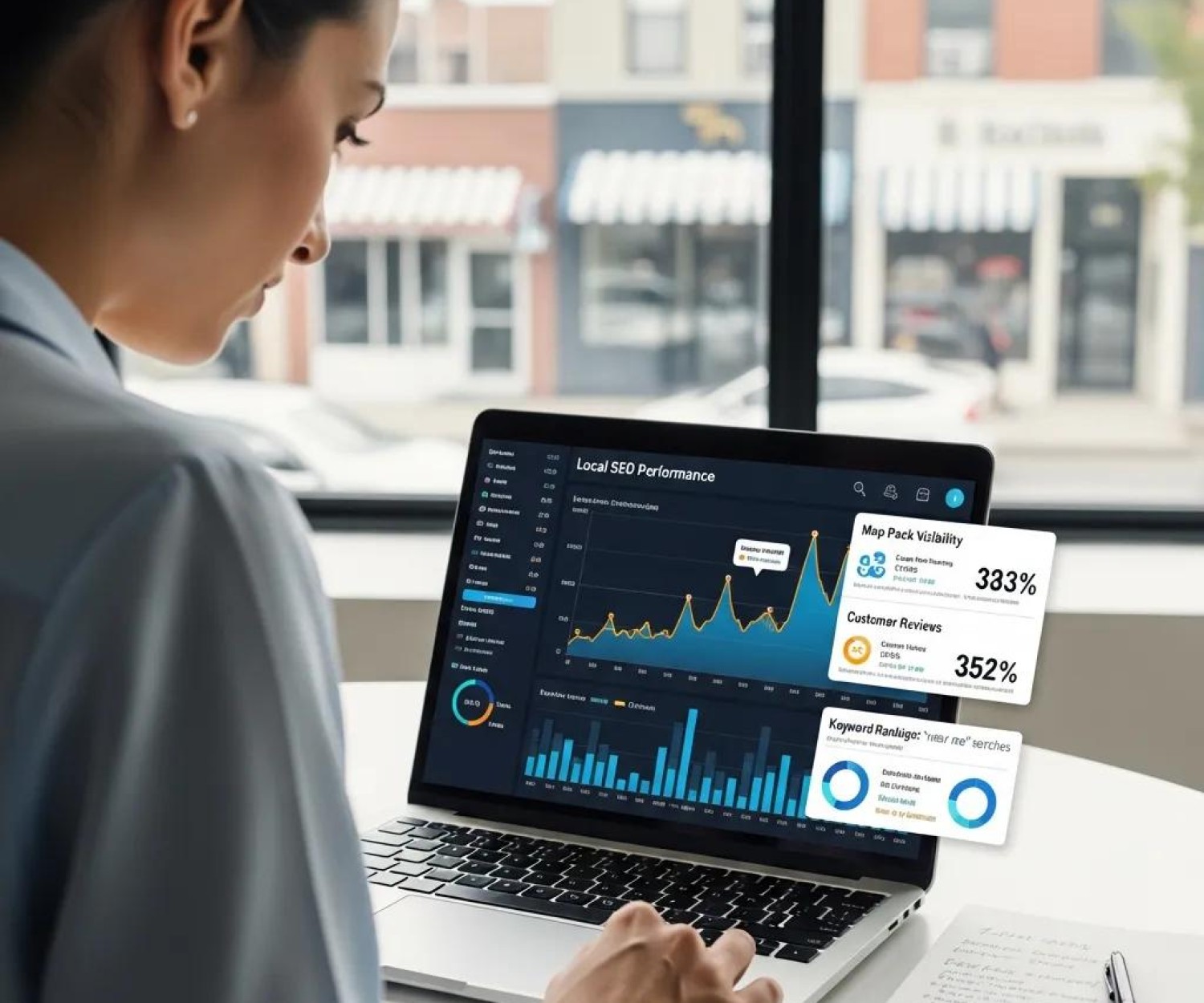 Digital marketing professional analyzing SEO data for local business visibility