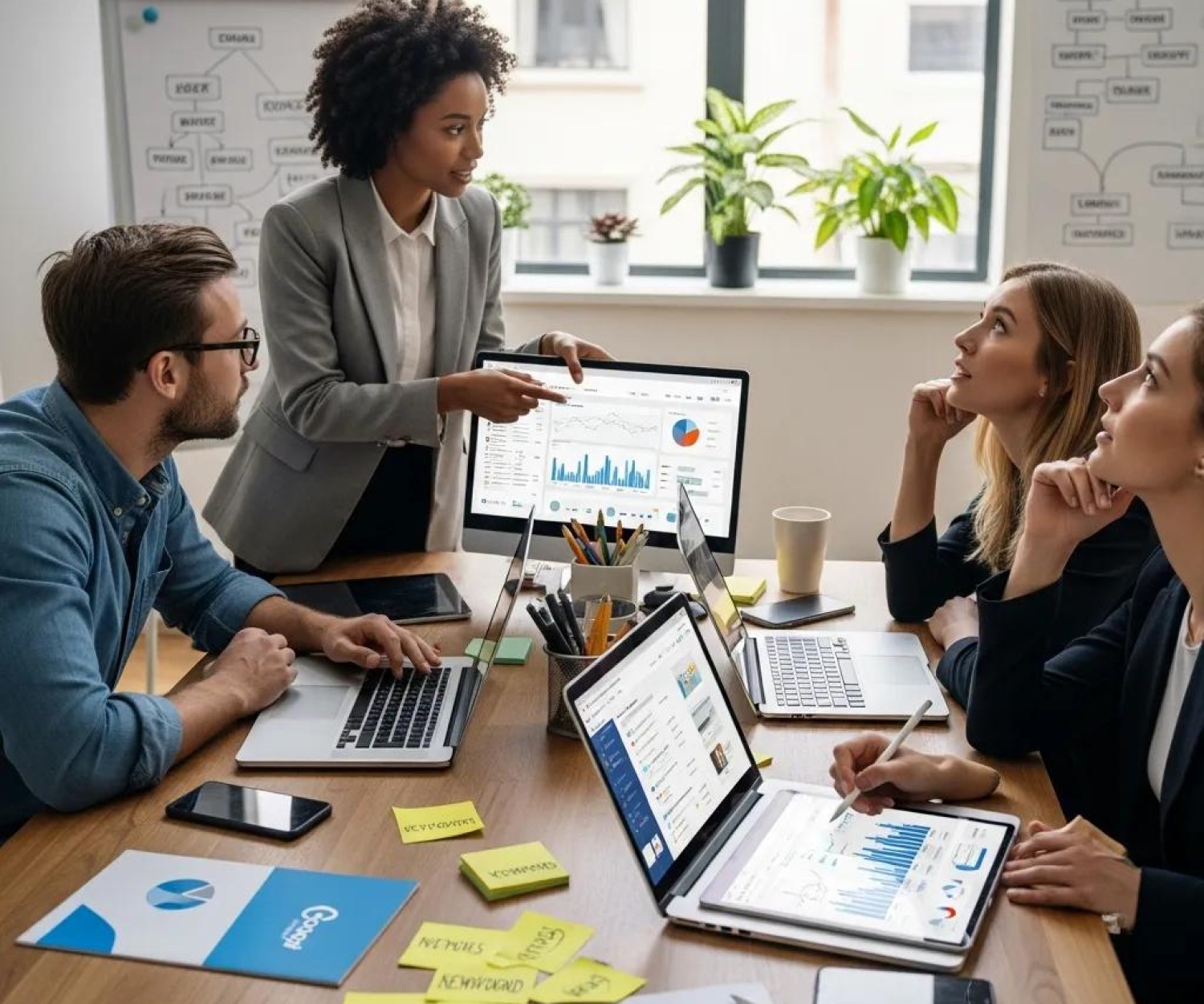 Diverse professionals collaborating on digital marketing strategies in a modern workspace