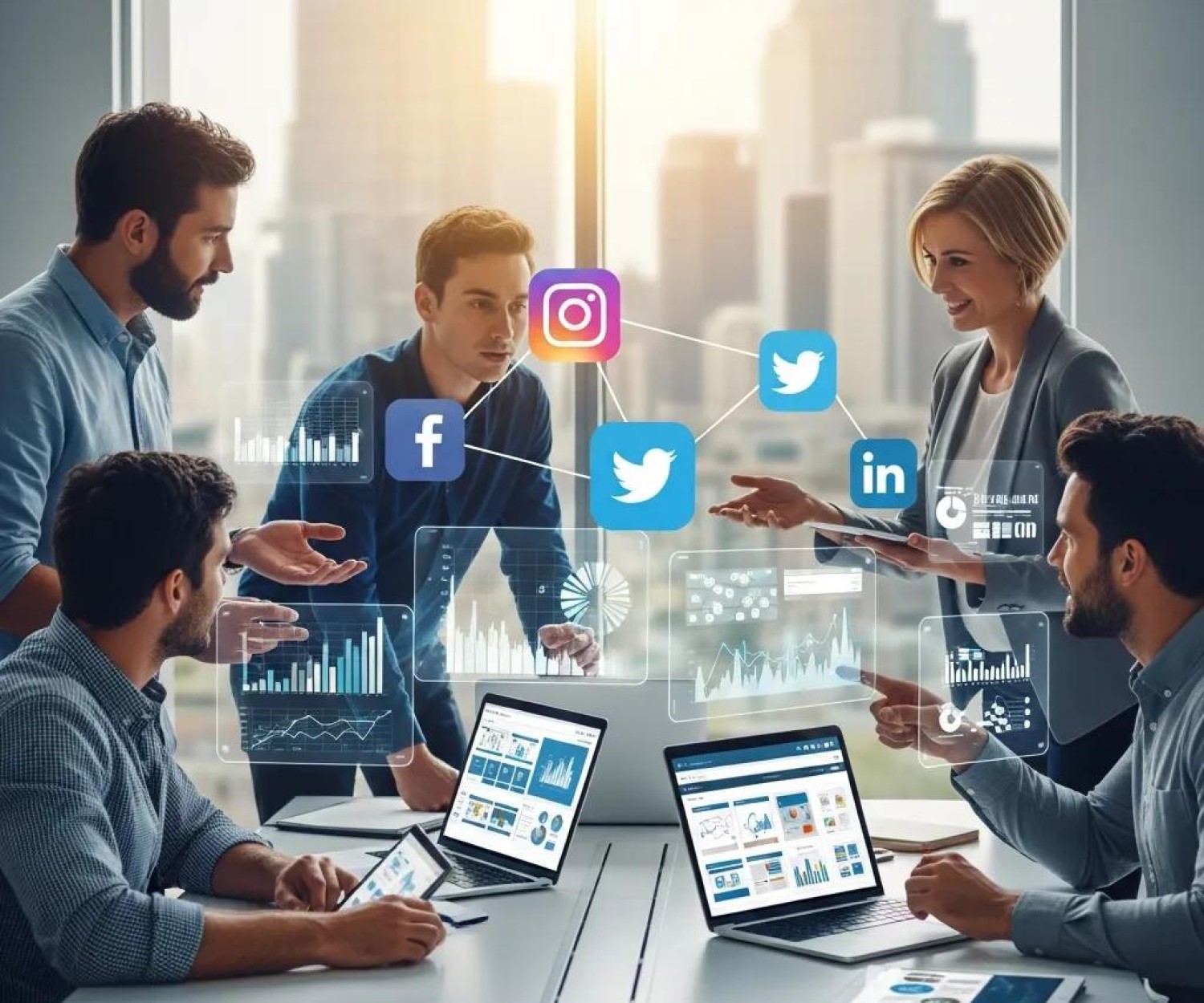 Diverse professionals collaborating on digital marketing strategies with laptops and online advertising elements