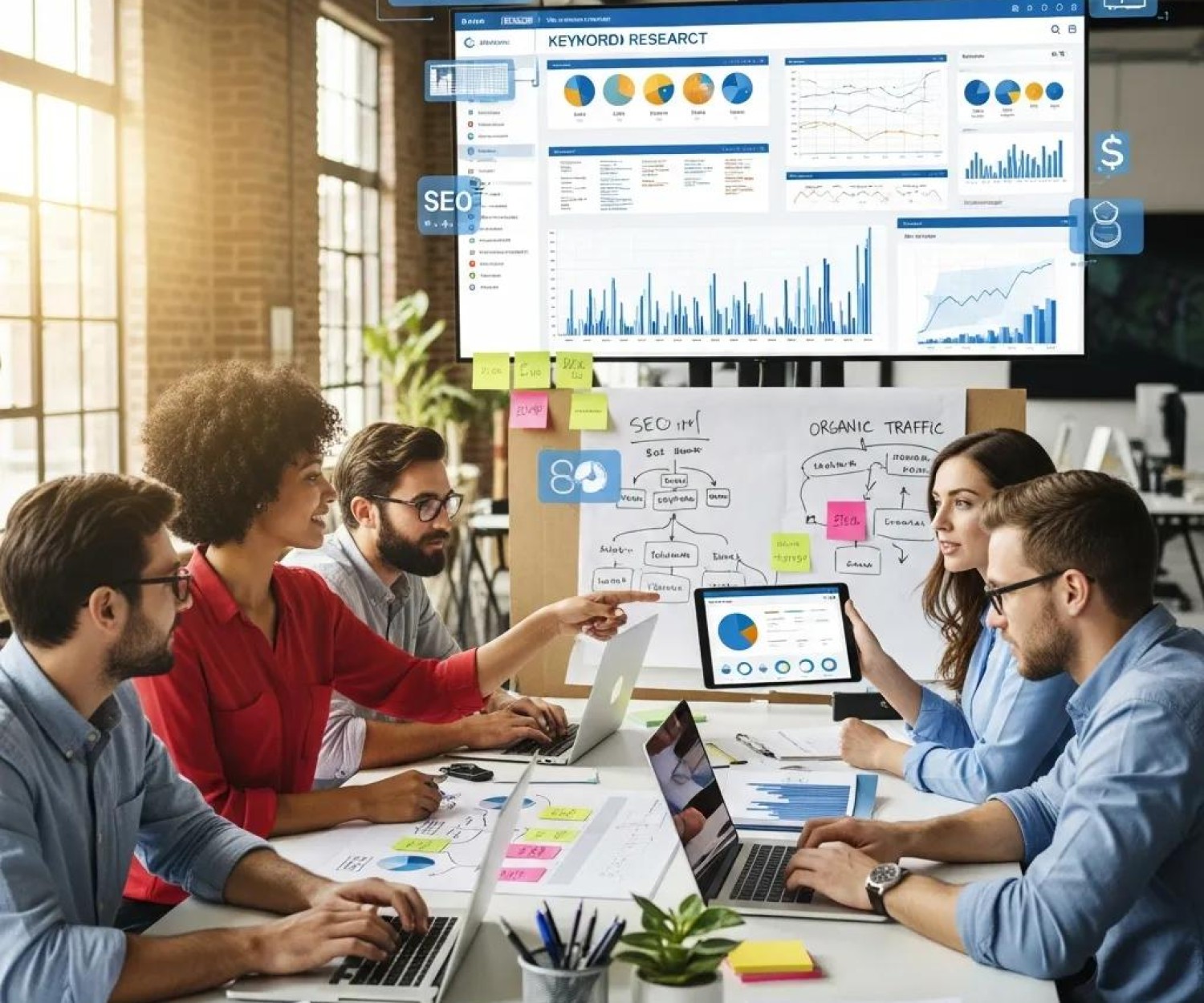 Diverse professionals collaborating on SEO strategies in a modern office