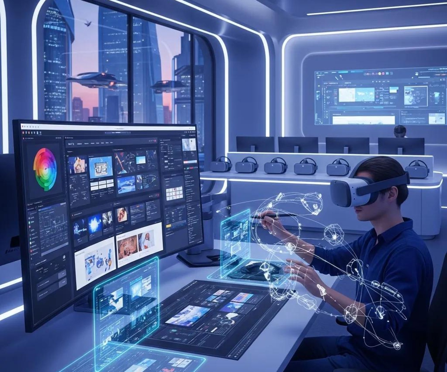 Futuristic digital workspace showcasing innovative web design tools and technologies