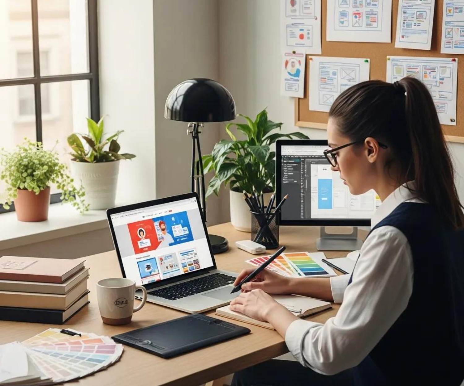 Professional web designer at a modern workspace with design tools and sketches